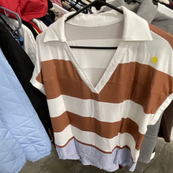 Unbranded Tops - Women’s Striped V-Neck Collared Short Sleeve Casual Top Brown/White Size M